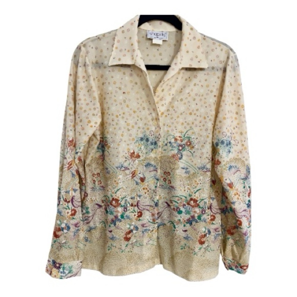 Vintage 1970’s Shapely Boho Blouse Sz 18 Sheer Abstract Floral Pointed Collar